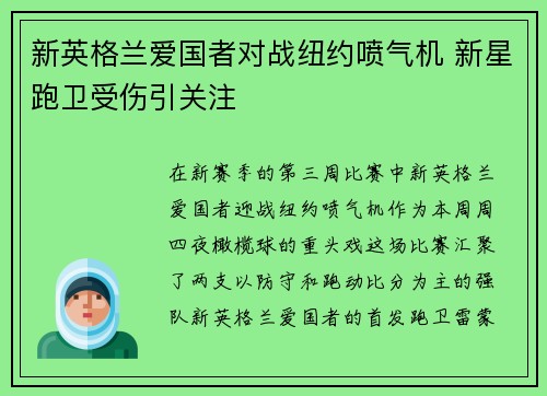 新英格兰爱国者对战纽约喷气机 新星跑卫受伤引关注